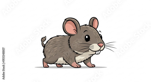 Cute cartoon mouse standing on white background with big ears and whiskers looking happy