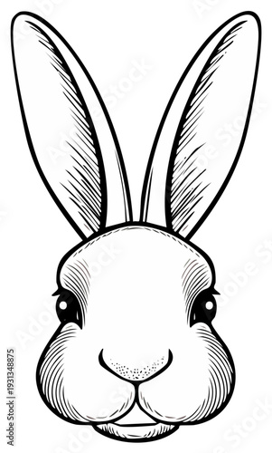 Close-up of a rabbit's face with long ears drawn in a black and white sketch style