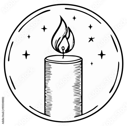 Hand drawn illustration of a lit candle with a flickering flame inside a circle adorned with stars