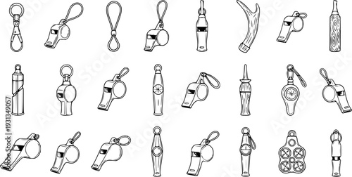 Collection of Hand-Drawn Whistle Illustrations: Vector Set of Vintage Sporting and Decorative Whistles