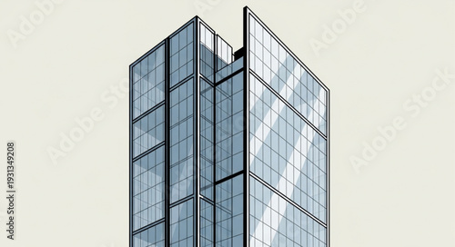 Modern glass skyscraper reflecting the sky and clouds.