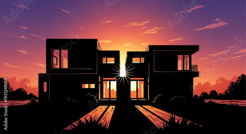 Modern house silhouette at sunset with dramatic sky.
