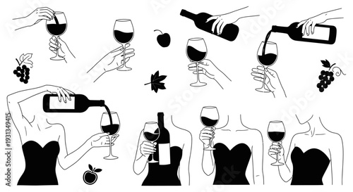 elegant line art collection of hands pouring and holding wine glasses with bottles and grapes illustrating wine culture