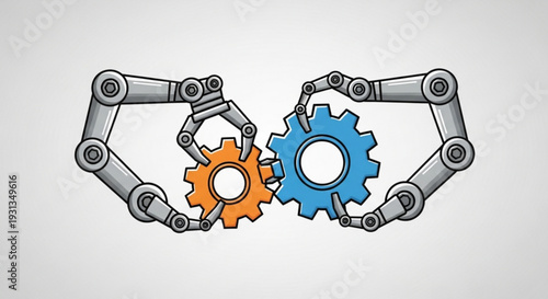 Interconnected robotic arms hold blue and orange gears in harmony on a grey background