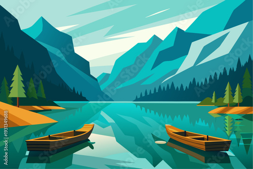 Serene mountain lake with canoes