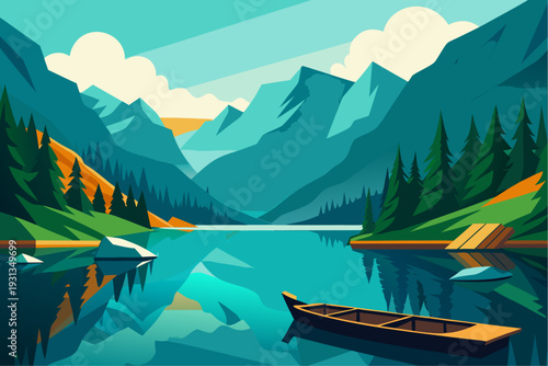 Serene mountain lake scene with canoe