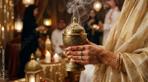 Arabian Incense Burner Mabkhara for Ramadan and Eid Celebrations, Hands Holding Bakhoor in Middle Eastern Traditional Setting