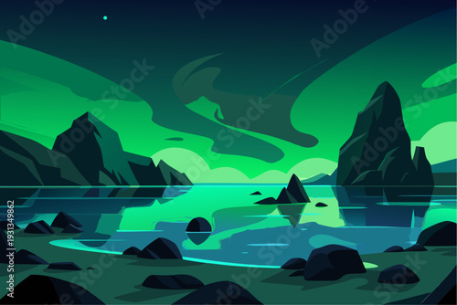 Aurora borealis over a serene rocky coastline at night