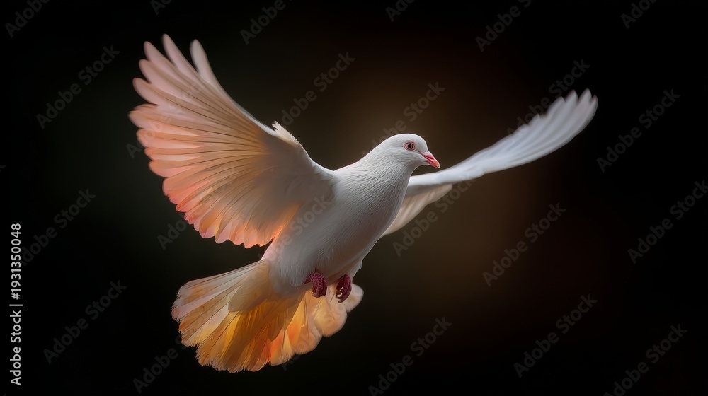 Fototapeta premium White dove in flight against dark background symbol of peace freedom