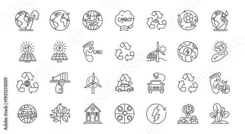 essential environmental sustainability line icons illustrating global warming climate change and eco-friendly concepts.