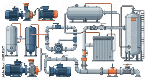 Industrial plumbing system with pumps and tanks illustration.
