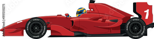 Red Formula Racing Car with Driver in Helmet Side View Speed Velocity and Aerodynamic Design for Motorsport Competition Automotive Branding and Grand Prix Event Illustration