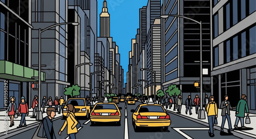 New York City street scene with yellow cabs and pedestrians.
