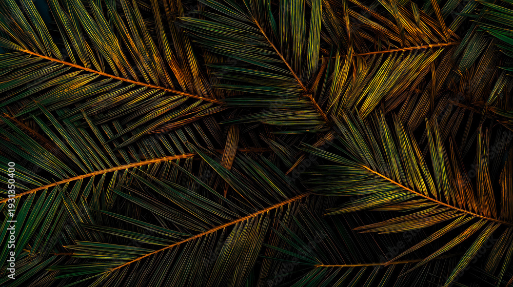 Naklejka premium Date palm leaf texture creating dramatic directional shadows falling on the leaves during sunrise, background for text on Palm Sunday