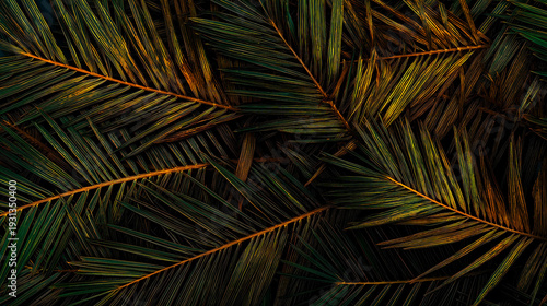 Date palm leaf texture creating dramatic directional shadows falling on the leaves during sunrise, background for text on Palm Sunday