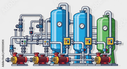 Industrial water treatment plant with pumps and tanks.