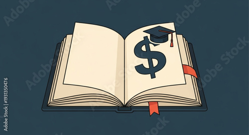 Open book with dollar sign and graduation cap illustration.