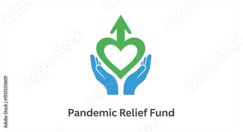 Pandemic Relief Fund Logo with Hands Heart and Arrow.