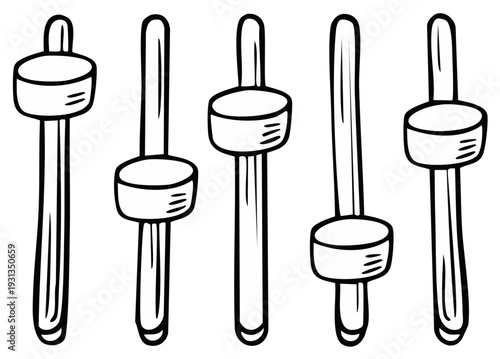 Hand drawn collection of five audio mixer sliders and faders with different positions