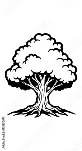 Detailed Tree Silhouette on White Background Symbolizing Strength and Growth for Environmental Conservation Projects, Landscaping Designs & Arbor Day Events. Suitable for Generational Family Tree Char