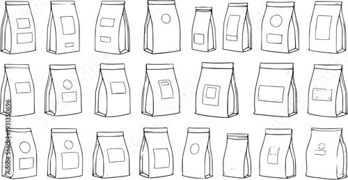 Variety of Stand-Up Pouches with Labels and Graphics, Isolated on White Background