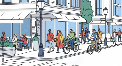 People enjoying a sunny day on a city street with bicycles.