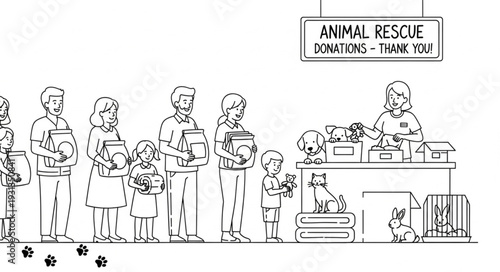 People line up at animal rescue donation center with pets.