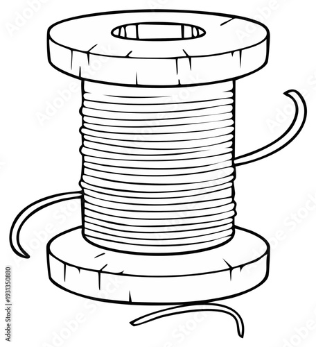 Simple illustration of a wooden spool wound with wire and two loose ends