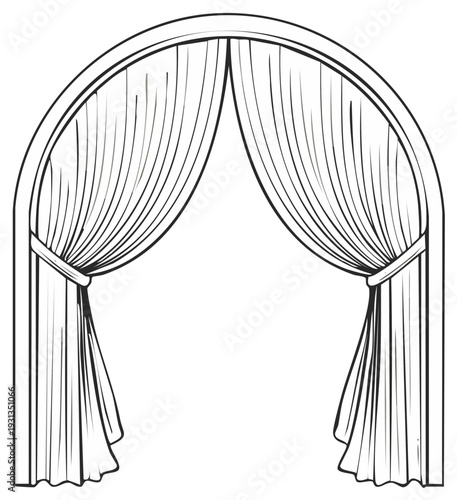 Elegant arched window with tied back curtains black and white line art illustration