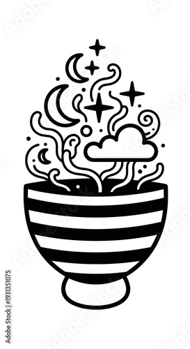 Magical Bowl of Cosmic Noodle Broth with Celestial Dreams and Night Sky Fantasy, Steaming with Imagination, Good Karma, and Spiritual Growth, Cute Doodle Illustration for Wellness and Culinary Storyte