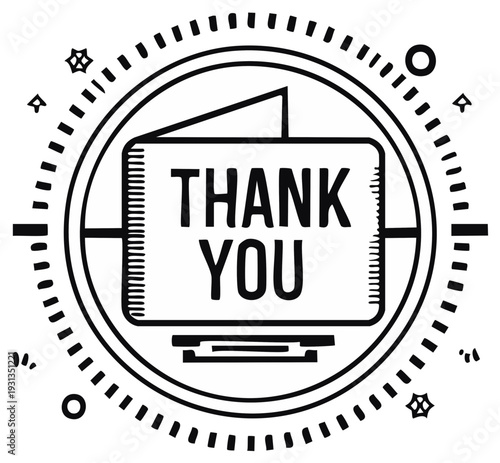 Thank You greeting card vector icon in a retro black and white circular badge design