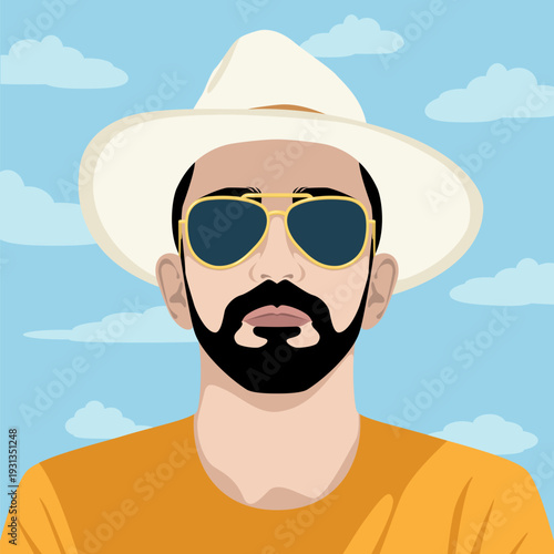 1693_Young bearded handsome man wearing summer hat and aviator sunglasses