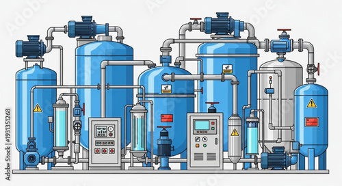 Industrial water treatment plant with blue tanks and pipes.