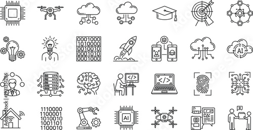 Artificial intelligence technology line icon set with robot, neural network, chip and data symbols