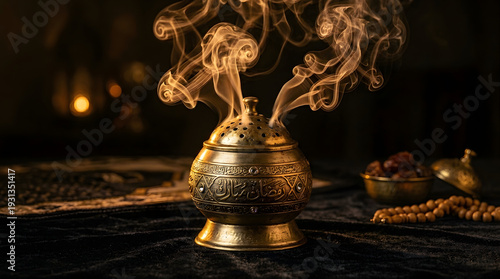 Ornate Brass Incense Burner with Rising Smoke for Ramadan Kareem and Eid Mubarak Celebration Background
