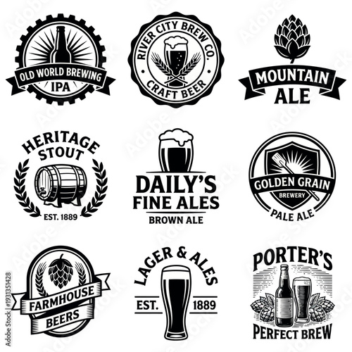 Vintage Craft Beer Brewery Badges and Logos Set with Old World Stout IPA and Ale Emblems Retro Distillery Labels for Pub Signage and Artisanal Beverage Branding Vector Collection