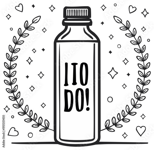 Illustrated bottle of liquid with wreath and stars design element