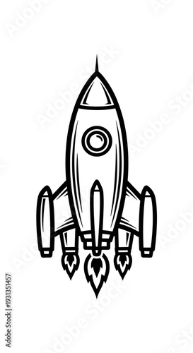 Retro Rocket Launches to New Heights: A Vintage Spaceship Ascends, Propelled by Fiery Engines, Aiming for Futuristic Exploration and Innovation, Isolated on White in a Bold Line Art Style, Nostalgic D