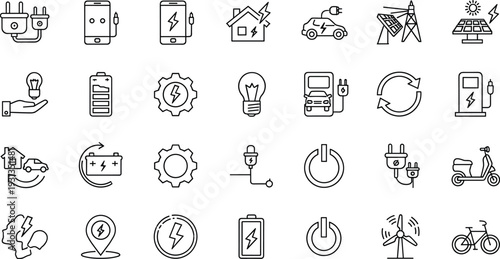 Renewable energy and electric power line icon set with battery, solar, charging and eco symbols