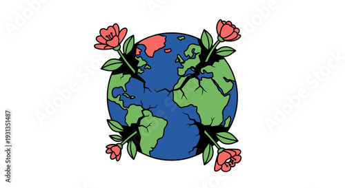 A colorful illustration of the Earth with flowers and leaves wrapped around it, viewed from space, symbolizing global harmony and nature.