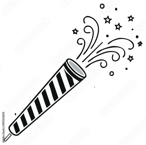 Festive party popper with celebratory burst of stars and swirls, monochrome illustration