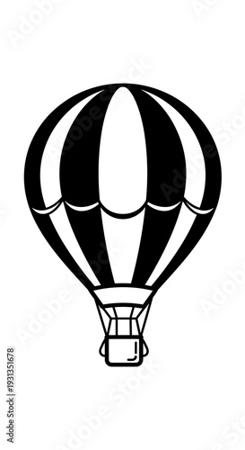 Whimsical Hot Air Balloon Ascending High: a Graphic Element for Travel and Adventure, Symbolizing Freedom and Exploration in Black and White Minimalist Line Art. Ideal Accent for Invitations,  Posters