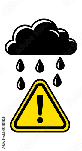 Warning of Rain and Danger: Wet Weather Alert, Caution Sign for Flooding Hazards, Black Cloud with Raindrops, Risks, Unsafe Conditions, Meteorology, Safety Signage, Public Awareness, Environmental Con