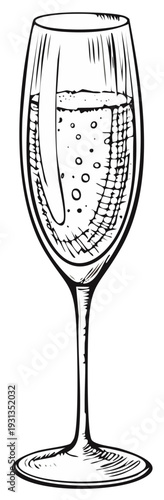 Elegant champagne flute with bubbles, hand-drawn vintage illustration