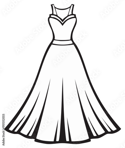 Elegant gown illustration with sweetheart neckline and full skirt, outlined apparel design with classic feminine style