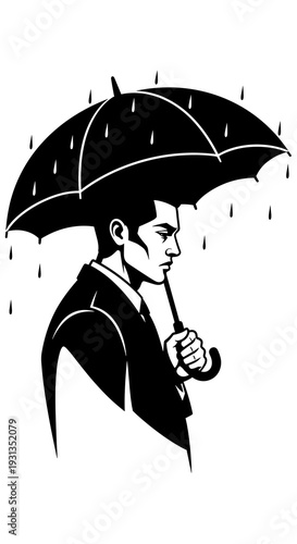 Silhouette of Intense Businessman Protecting Himself from the Downpour Under Umbrella, Monochrome Illustration on White, Serious Man Standing in the Rain, Financial Crisis Representation, Vector Clip