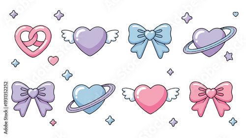 Charming pastel vector graphics cute winged hearts, bows, and unique ringed hearts, adorned with sparkling stars for sweet kawaii designs