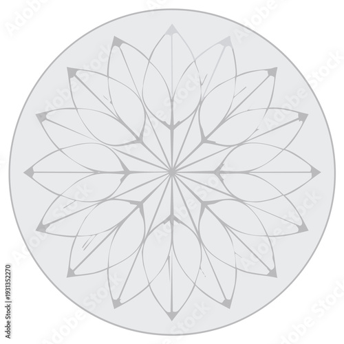 Abstract floral design with a starburst pattern, enclosed in a circle, in shades of gray, simple graphic style.