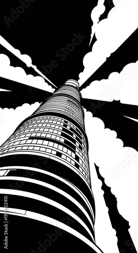 Towering Skyscraper Ascent into Cloudy Heights: Dramatic Perspective of Urban Building Against Sunburst Sky with Abstract Clouds, Architectural Marvel for City Planning, Business, Infrastructure in Bl
