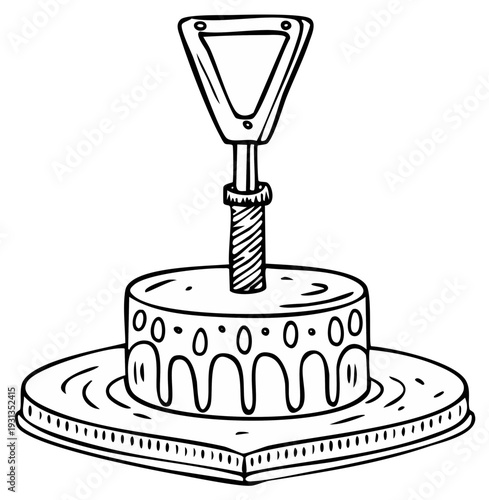 Hand-drawn illustration of a delicious cake with dripping frosting and a triangular topper on a heart-shaped plate